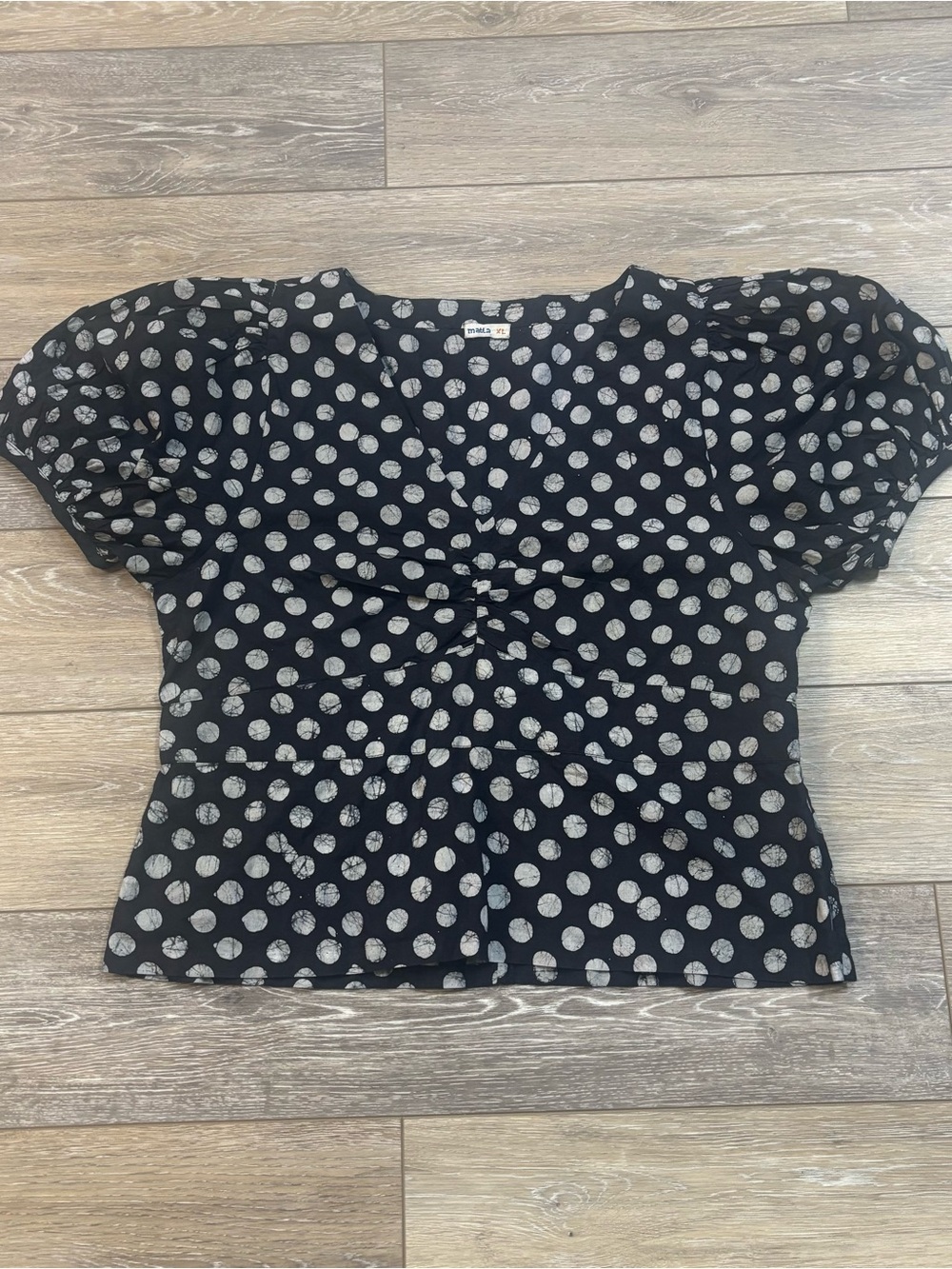 Matta Alice Ambu Top Sz XL Black Batik Polka Dot Puff Sleeve Boho Chic Office